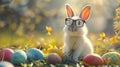 A rabbit wearing glasses is sitting in a field of Easter eggs. This scene is fun to watch, the idea of Ã¢â¬â¹Ã¢â¬â¹Heat Day Royalty Free Stock Photo